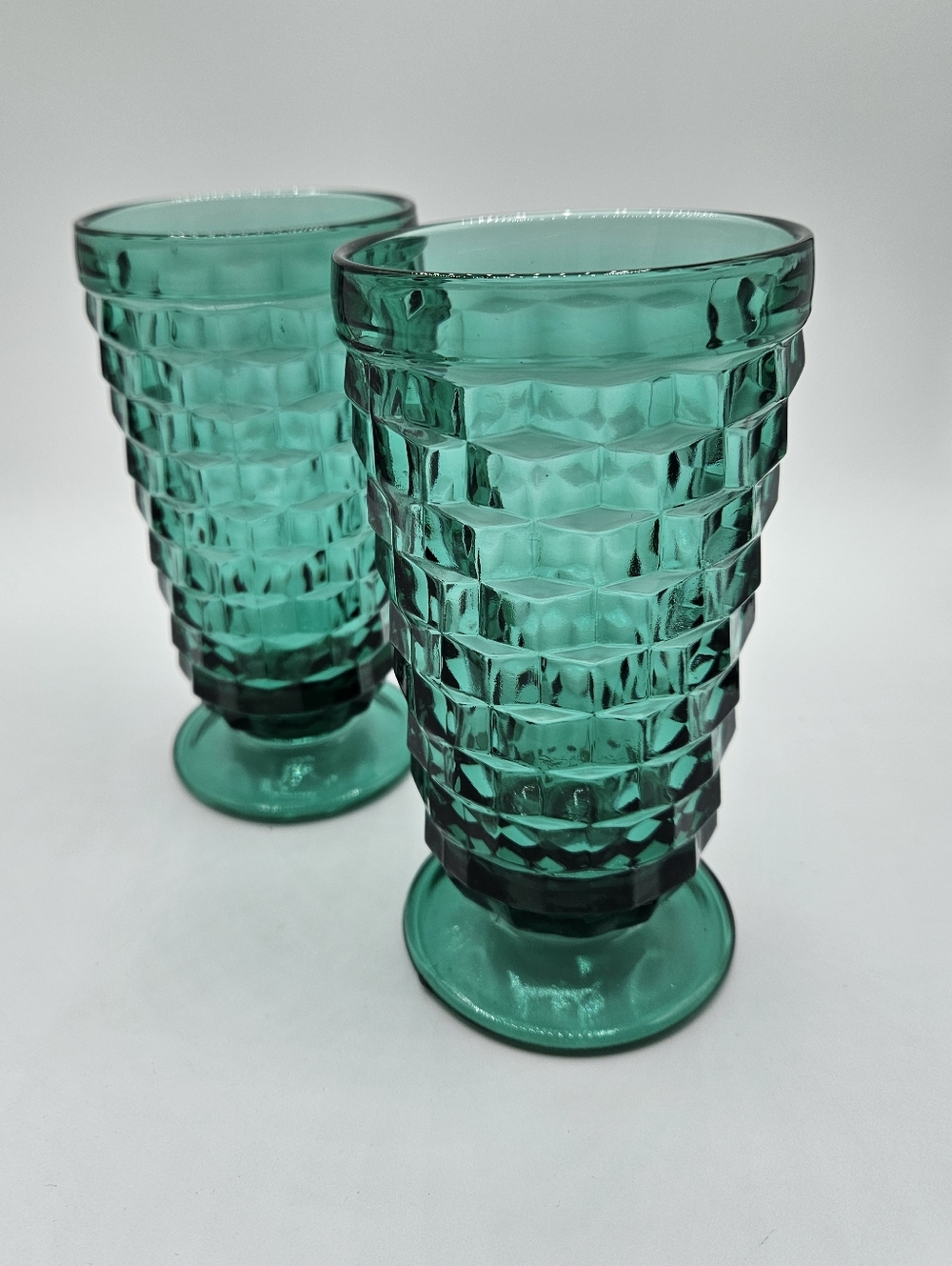 2 Dark Green Indian Glass Cubist Colony Tumbler Whitehall 6" Glasses, Vintage